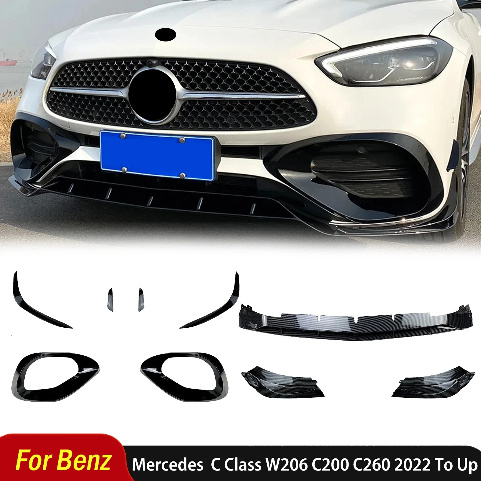 

Для Mercedes Benz C Class W206 C200 C260 2022 для переднего автомобиля, бампер, спойлер, сплиттер, лезвие, нижняя решетка, комплект кузова