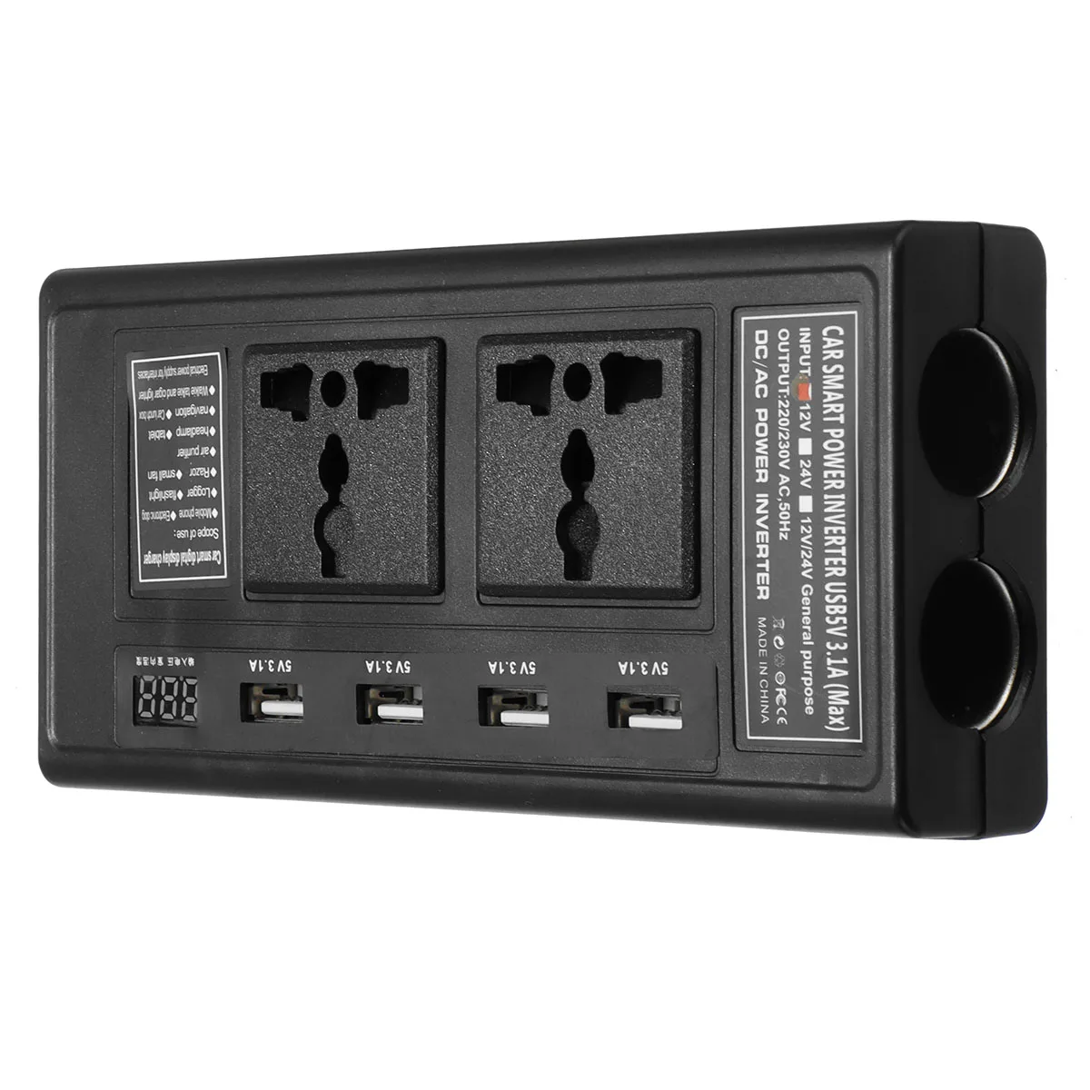 

200W 12V To 220V DC/AC Car Power Inverter with 4 USB 2 Universal Socket Independent Switch Voltage Digital Display