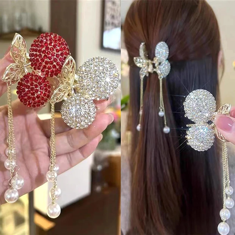 1PC Cute Diamond Full Cherry Fringe Rhinestone Small Grab Clip Women's Back Hair Clip Premium Touch Shark Clip Fairy Headpiece