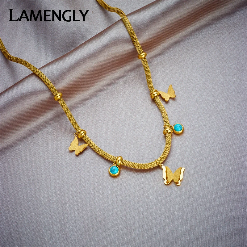 LAMENGLY 316L Stainless Steel Green Stone Butterfly Pendant Necklace For Women Fashion Waterproof Choker Chain Jewelry Gift