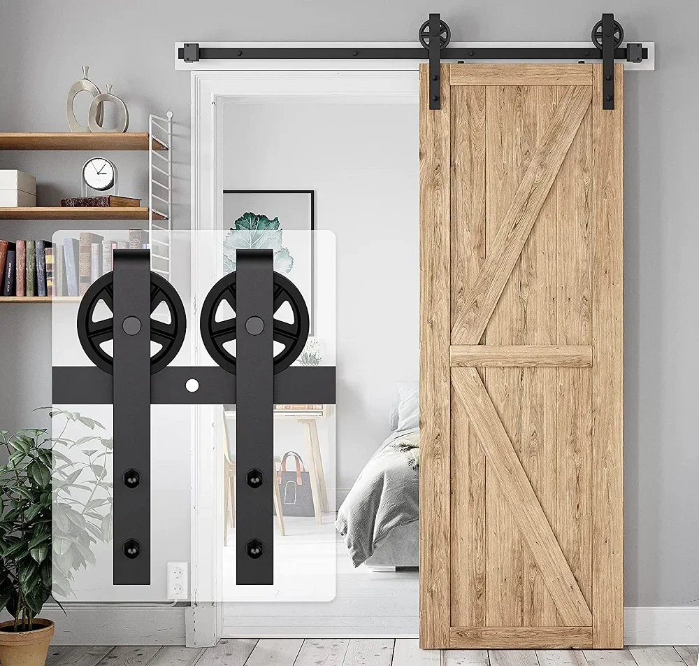 

4FT-9.6FT Classic Rail Sliding Barn Door Big Wheels Black Wheel Track System for Single Door