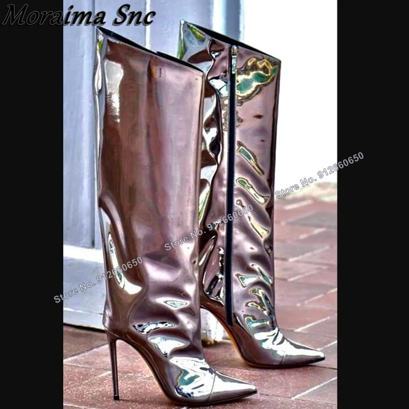 

Moraima Snc Laser Leather Zipper Boots for Women Knee High Boots Solid Pointed Toe Stilettos High Heels Runway Shoes on Heels