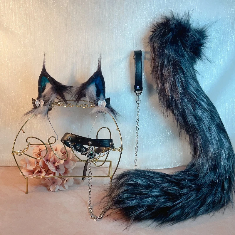 Handmade Beast Animals Cat Fox Wolf Ears Hairhoop Small Lynx Black Ears Tail Headband Headwear Game Party Christmas Cosplay Prop