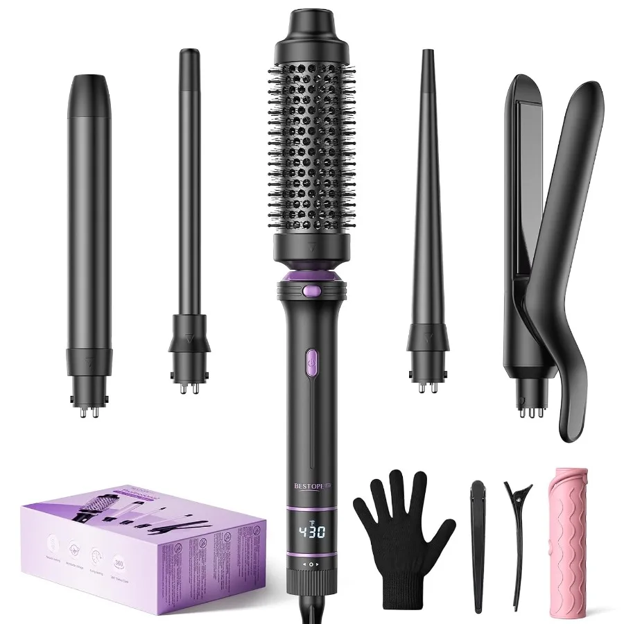 

5 in 1 Curling Iron Set with Thermal Brush Flat Iron Hair Straightener 3 Ceramic Irons 0.35-1 13 Adjustable Temps Hair Curler W
