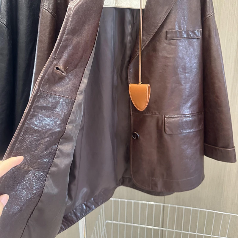 ヴィンテージオイルワックス加工ブレザー ジャケット 2026年春 高品質 レディース ミドル丈 シングルブレスト 本革 オーバーサイズ スーツコート