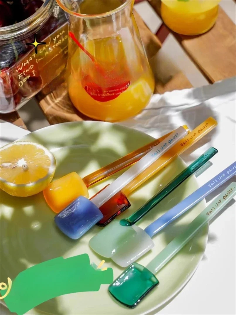 Korean-style Two-color Long Handle Glass Spoon Pudding Ice Cream Dessert Spoon Simple Heat-resistant Coffee Mixing Spoon