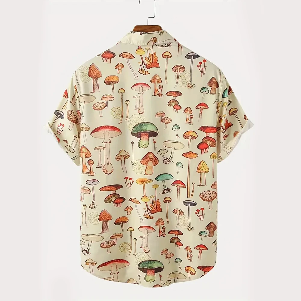 Men's Casual Button-Down Shirt with Cute Mushroom Print Pattern, Short-Sleeved Lapel Top, Spring and Summer Vacation Shirt, Thin