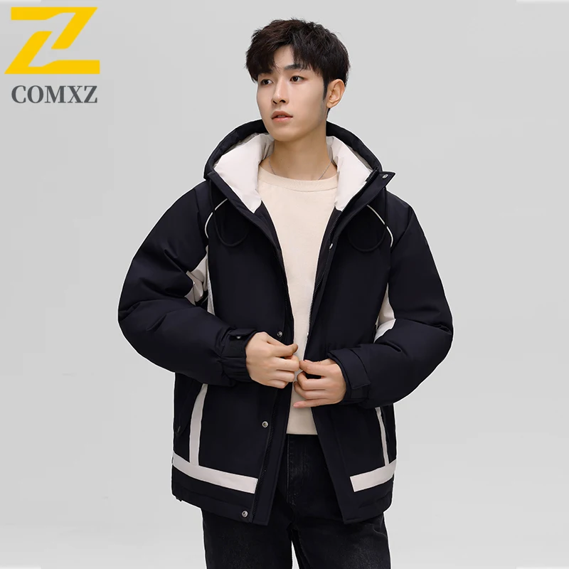 COMXZ Winter Short Down Jacket Men Outdoor Mountaineering Thickened Warm Puffer Coat Classic Hooded Daily Wear Windproof Parka