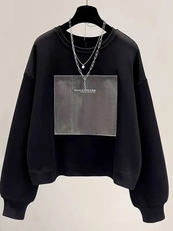 

Свободный свитшот с круглым вырезом для женщин, черный, повседневный стиль, укороченная версия, корейская мода, осень-зима, новинка, большие размеры