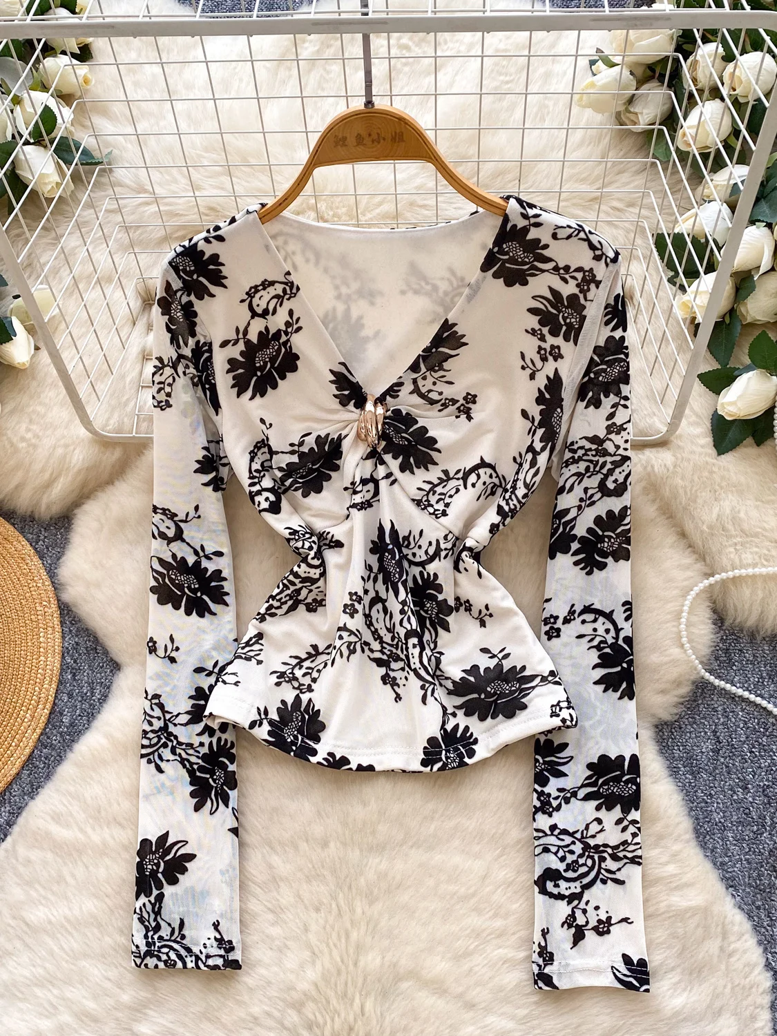 Retro V-Ne Long Sve Floing Me irt المرأة سليم صالح الراقية يشعر عقدة تصميم زر معدني قاعدة irt الكورية Sle... #2