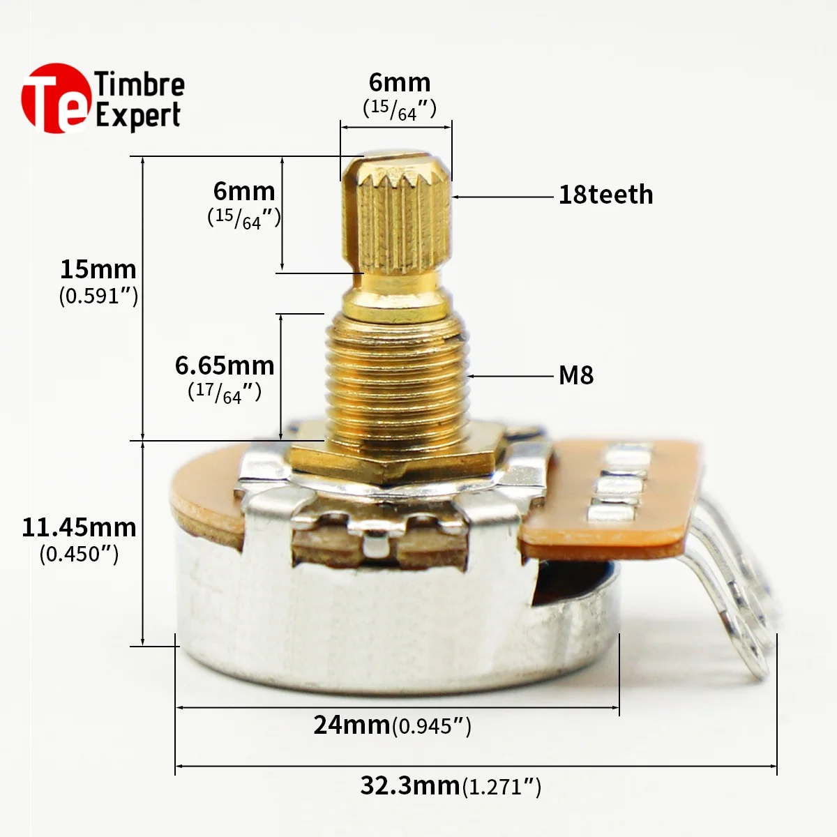 2Pcs Brass Potentiometer Long Shaft 15mm 18-teeth  A250K/B250K/A500K/B500K  For Electric Guitar and Bass Tone Volume Parts