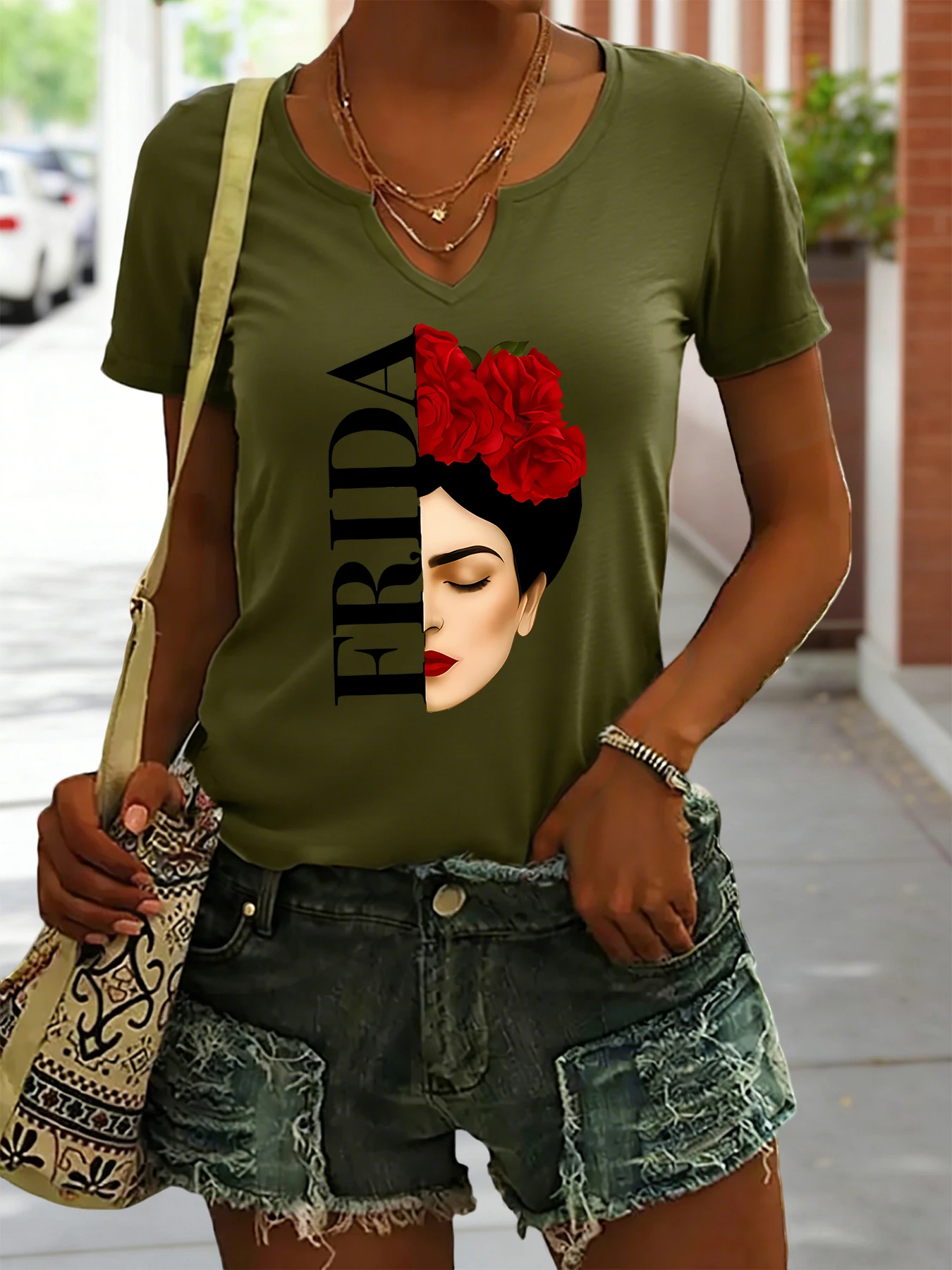 Women's Summer V-Neck Short Sleeve T-Shirt, Frida Kahlo with Red Roses Print, Artistic Feminist Casual Fashion Top view 2