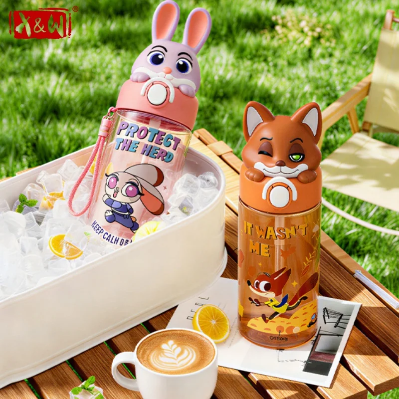Vaso de Agua con Diseño de Zootopia de X&W, Vasos para Bebidas Frías de Verano con Tapa Abatible, Botella Espacial de Judy y Nick para Niños, Vasos Deportivos para Actividades al Aire Libre