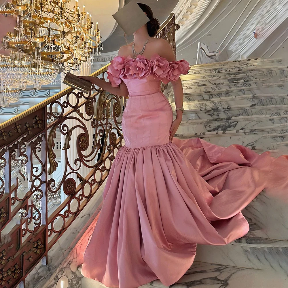 Verngo Boat-neck Mermaid Party Gown Pleat 3D Flower Off The Shoulder Graduation Dress Princess Pink Women\'s Evening Dress