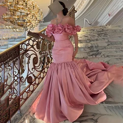 Verngo Boat-neck Mermaid Party Gown Pleat 3D Flower Off The Shoulder Graduation Dress Princess Pink Women's Evening Dress