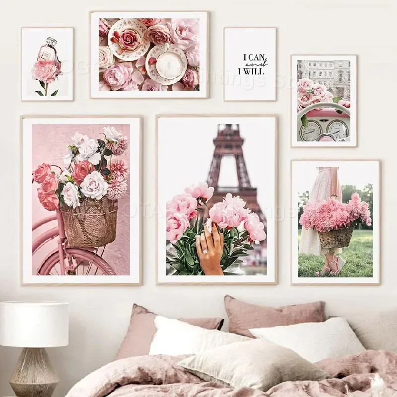 Paris Tower Pink Flower Car Bike Perfume Butterfly Coffee Wall Art Prints Canvas Painting Posters Pictures For Living Room Decor