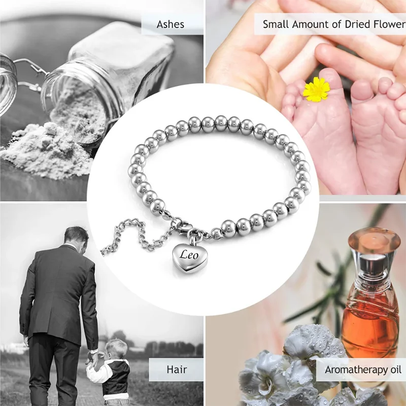 Stainless Steel Bead Heart Urn Bracelets Jewelry for Cremation Ashes Memorial Keepsake Personalized Engraved Gift