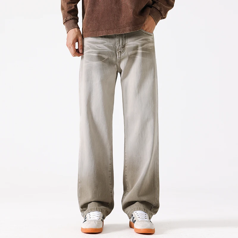 

2026, весенне-осенние новые прямые джинсы из 100% хлопка с градиентом цвета для мужчин, одежда, удобные брюки на молнии