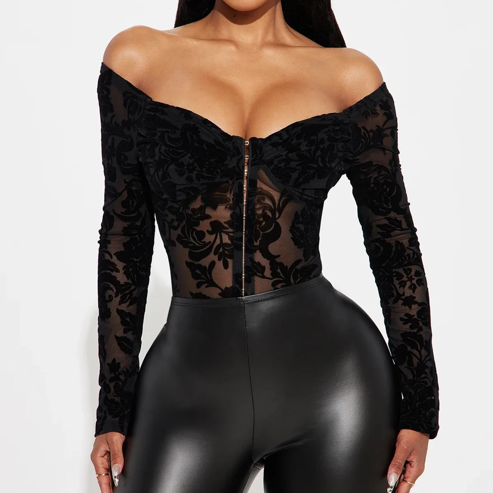 Gothic Black Off‑Shoulder Bodysuit Long Sleeve Velvet Flocked Floral Mesh Front Zip Sheer Women Nightclub Party Jumpsuit Top
