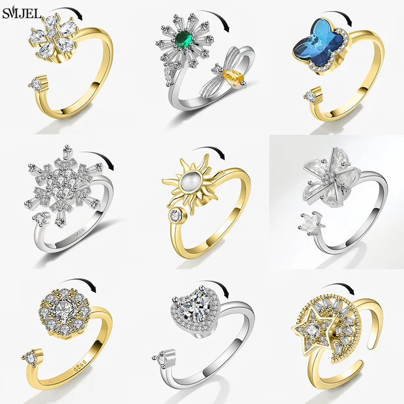 SMJEL Anti Stress Anxiety Fidget Rings For Women Multiple Crystal Flower Sun Heart Metal Spinner Rotating Ring Wedding Jewelry
