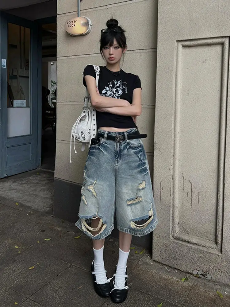 American high street design worn straight leg jeans men and women 2024 new HIPHOP hip hop quarter pants