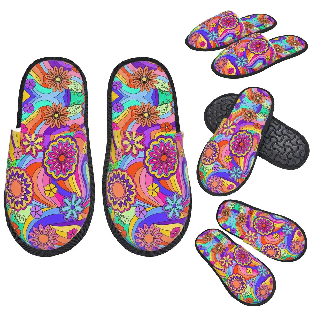 Custom Groovy Psychedelic Flower Power Slippers Memory Foam Warm Soft Women House Slipper Indoor Comfy Shoes