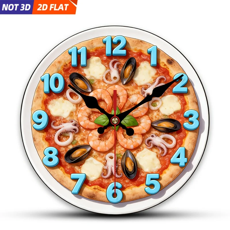 

2D плоский. 1 шт. Настенные часы в стиле пиццы с морепродуктами, бесшумные декоративные часы, креативные настенные часы, подходят для украшения спален, L
