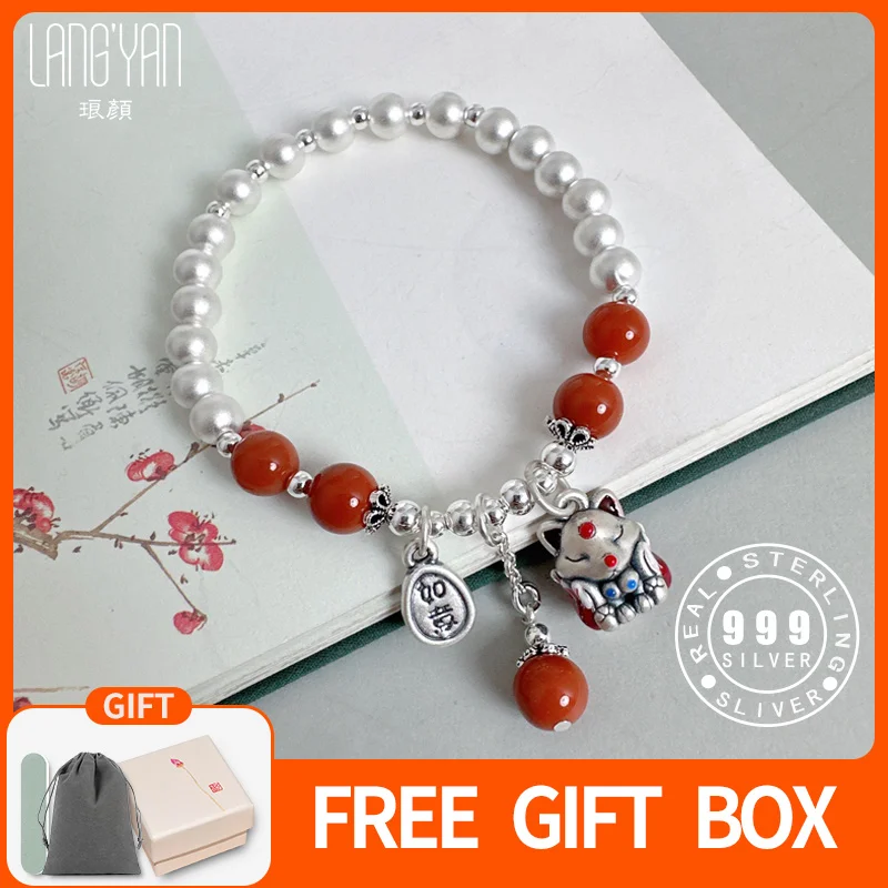 

Langyan Ethnic 999 Pure Silver Fox Charms Bracelet for Woman Red Agate 925 Silver Beads Handmade Jewelry Original Design SL112