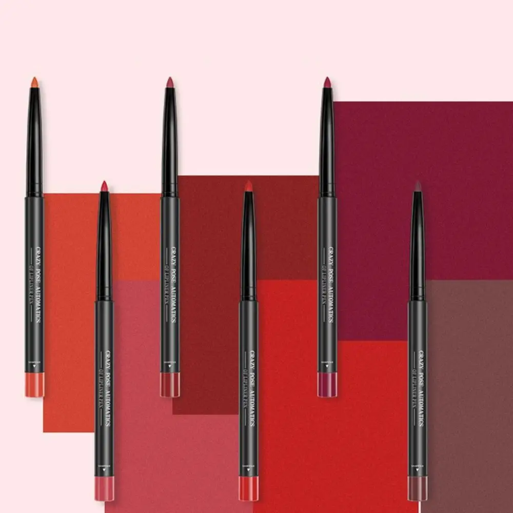 6 Kleuren Fluwelen Lipliner Potlood Cosmetica Met Puntenslijper Automatische Roterende Lip Liner Non-Stick Cup Roze Roodbruin