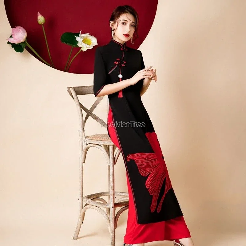 

2025 stage performance vietnam aodai embroidery garment classical elegant slit dance qipao mandarin collar diagonal buckle qipao