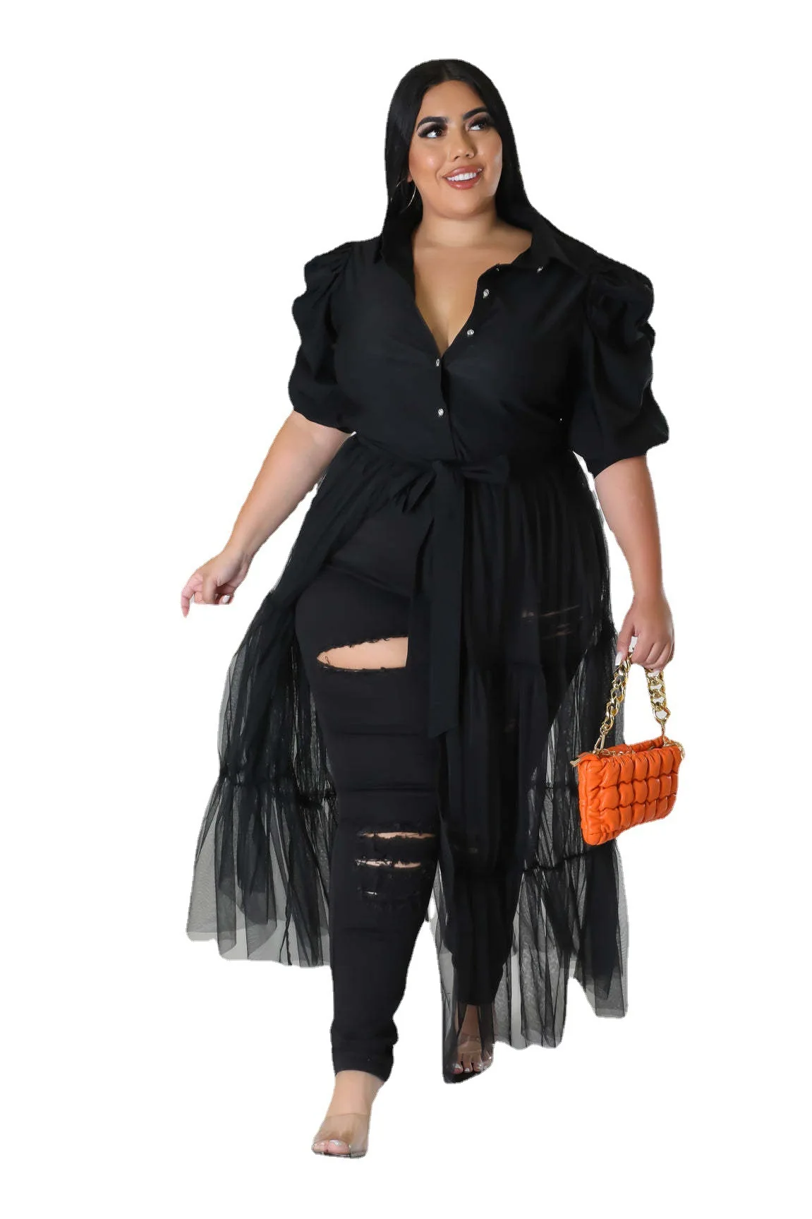 Hot Sale Plus Size Mesh Women Casual Dress Pleats Half Sleeves Patchwork Belt Sexy Party Club Shirt Dresses Oversize 5XL