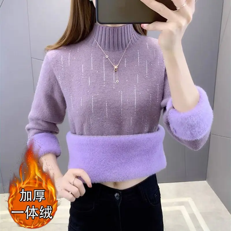 

2023 Autumn Winter Knit Sweater Bottoming Shirt Velvet Lining Warm Pullover Sweater Female Half Turtleneck Sweater Jumper Tops