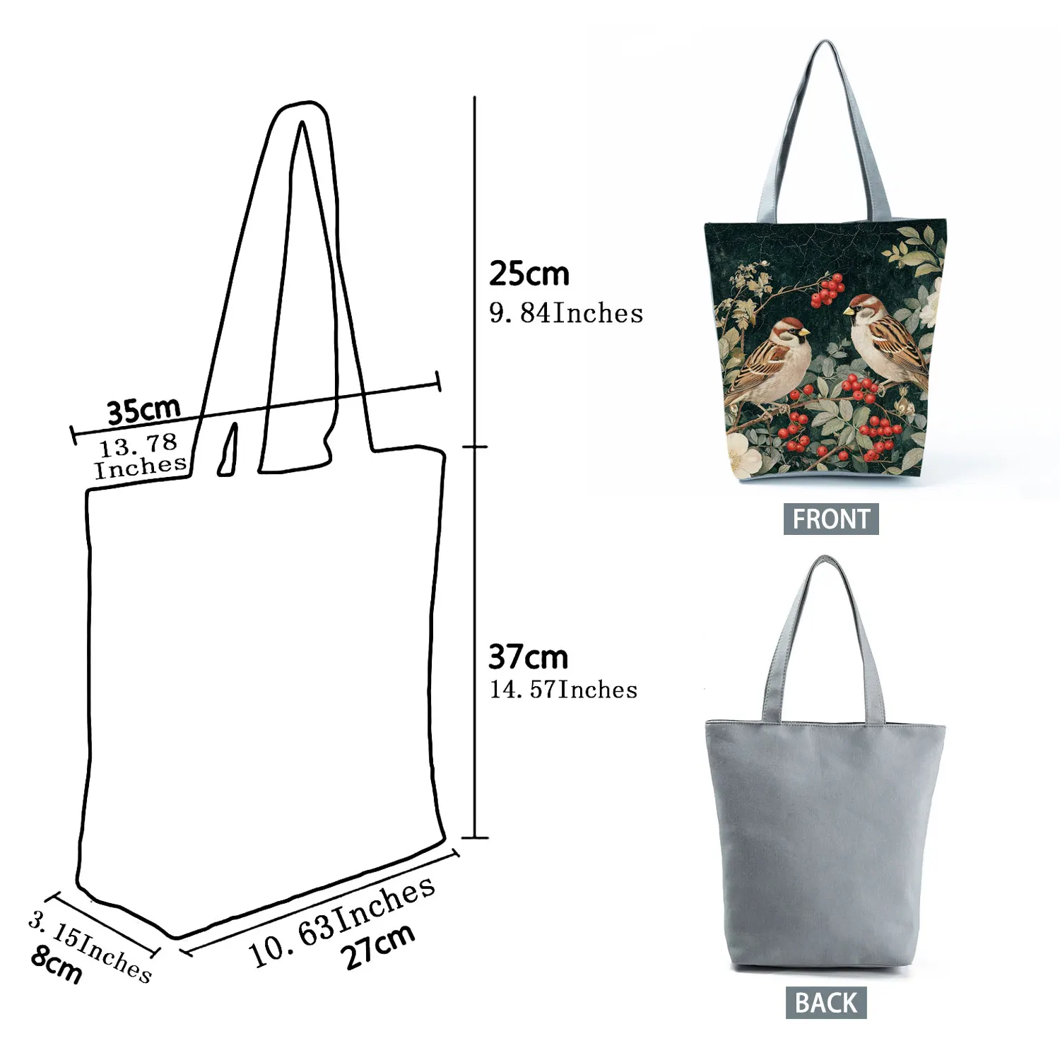 Vintage Bird Berry Botanical Print Handbag Women Tote Casual Shoulder Bag Foldable Shopping Bag Portable Travel Beach Bag Bolso