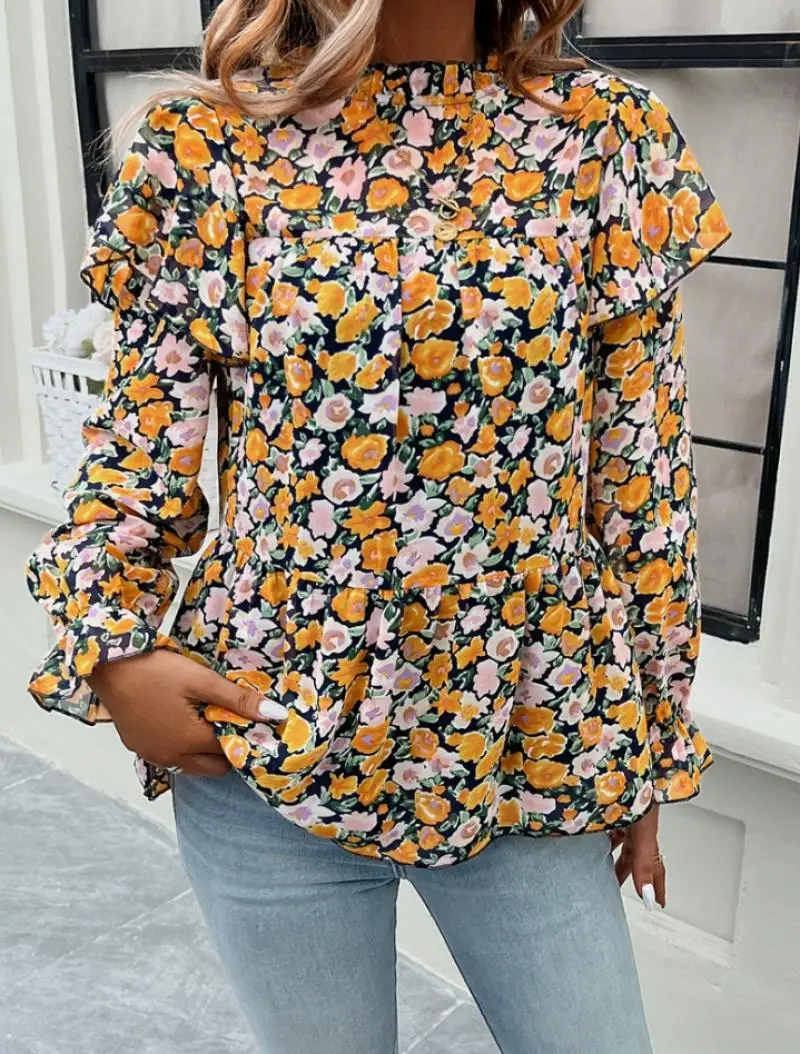 Top Women Elegant Women's Casual T-Shirt 2024 Autumn Casual Floral Commuting Shirts Elegant Vacation Chiffon Long Sleeved Tops