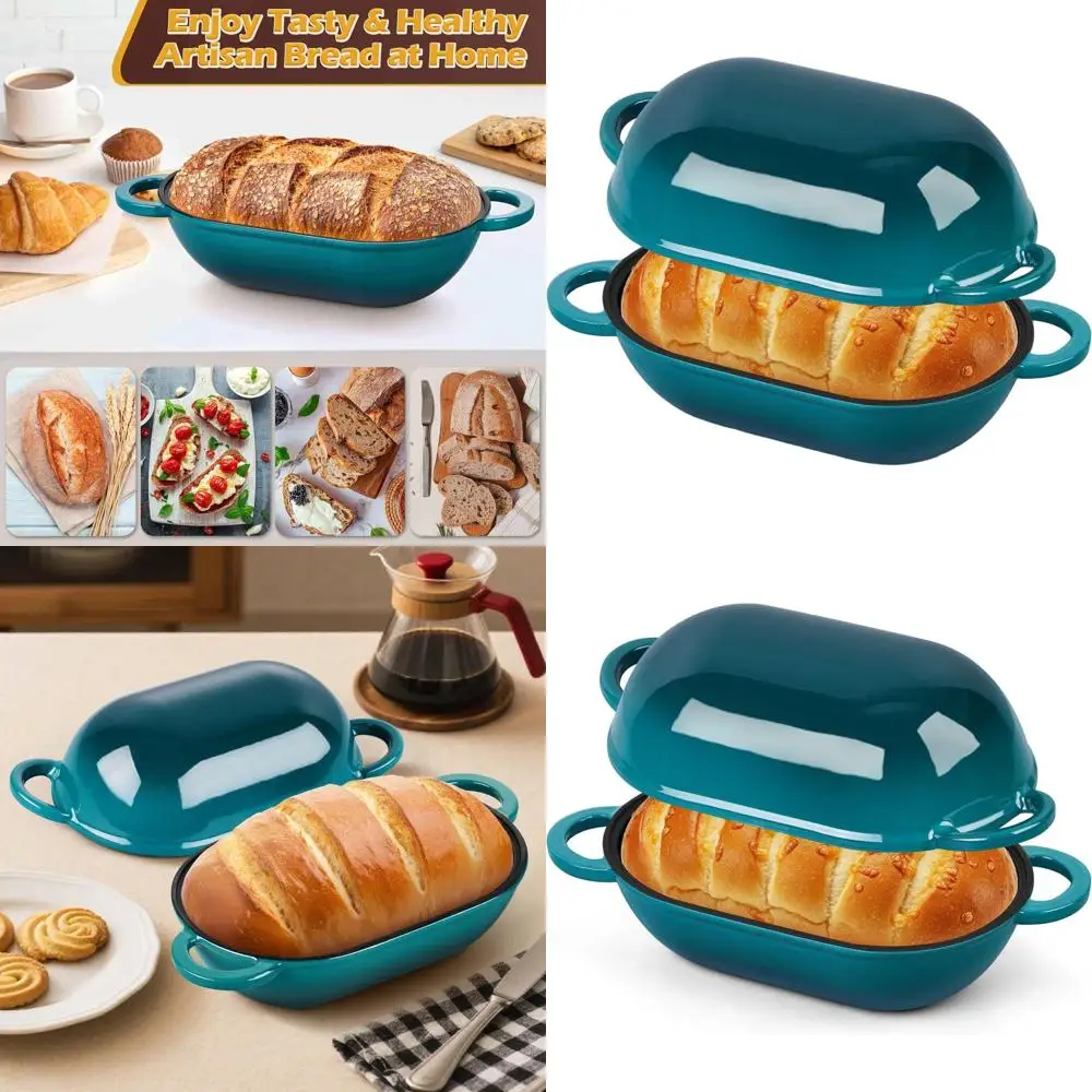 

Oval Enamel Cast Iron Dutch Oven, 2.8 QT Bread Baking Pot with Lid, Heavy-Duty for Sourdough Roasting, Dark Green