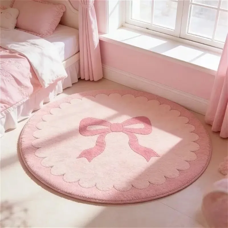 Pink Bow Print Round Rug Soft Non-Slip Carpet Coquette Style Bedroom Floor Mat Cute Pastel Children's Room Decor