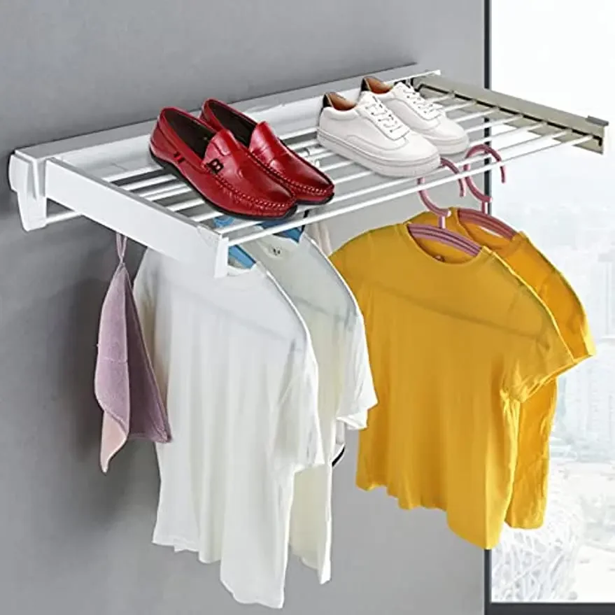 

Folding Drying Rack Clothes Laundry Drying Rack Collapsible Wall Mounted Hanger 7 Drying Rods White