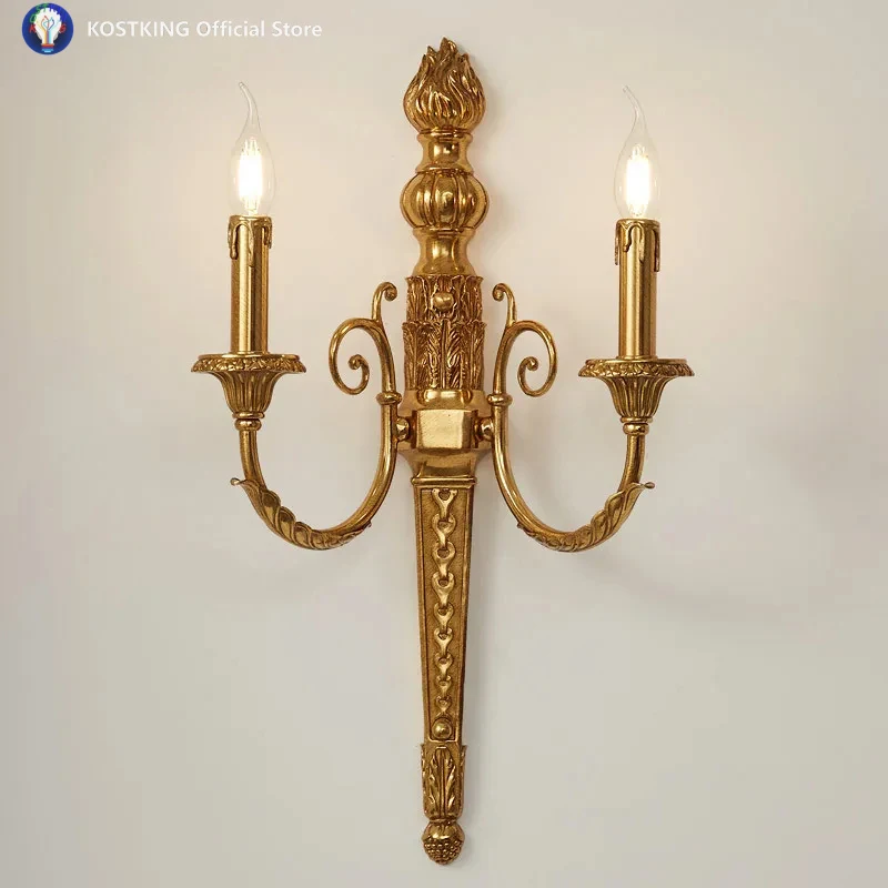 

Двухрожковый настенный светильник в классическом французском стиле, медный, для европейской виллы, ретро, роскошный, для гостиной, кабинета, спальни, прикроватный светильник