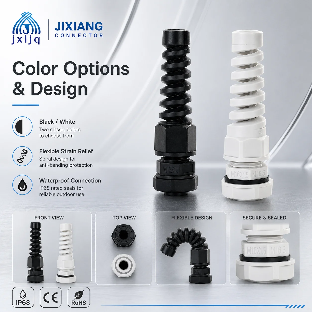 Anti-bending PG7 PG9 PG11 PG21 Entry Black and White Nylon Flexible Cable Gland Strain Relief