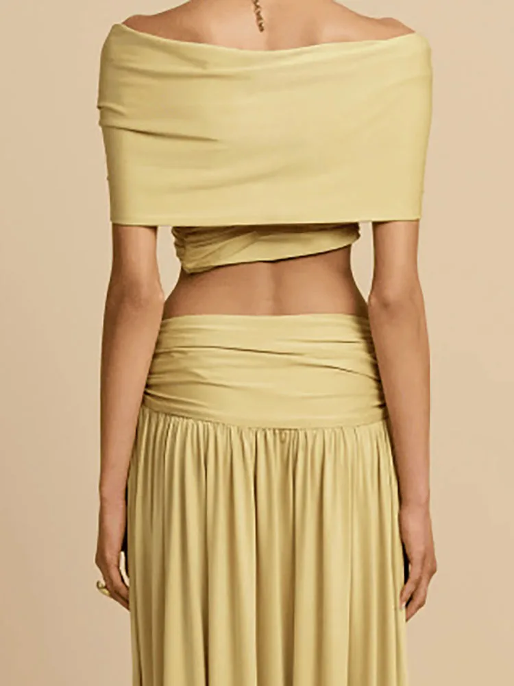 

Элегантный комплект с длинной юбкой без рукавов с открытыми плечами, женский сексуальный драпированный однотонный комплект из 2 предметов, модный костюм с юбкой для вечеринки с высокой талией