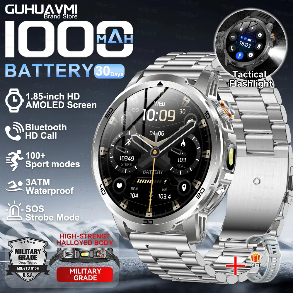 2026 Nieuwe Militaire Outdoor Smart Watch 1.85 '' AMOLED 1000mAh Grote Batterij 5ATM Waterdicht Spraakoproep Sport Mannen Fitness Bracel