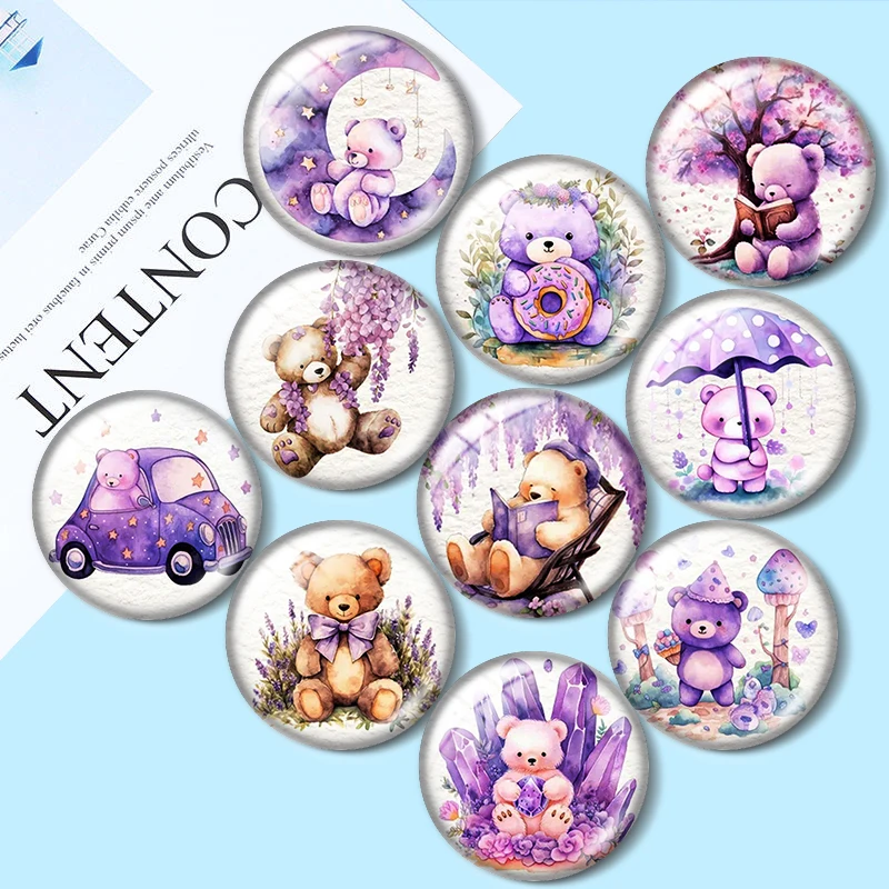 Purple Bear Clipart 12/18/20/25mm Glass Cabochon Necklace Bracelet Pendant Rings for Jewelry Demo Earrings Back Making Findings