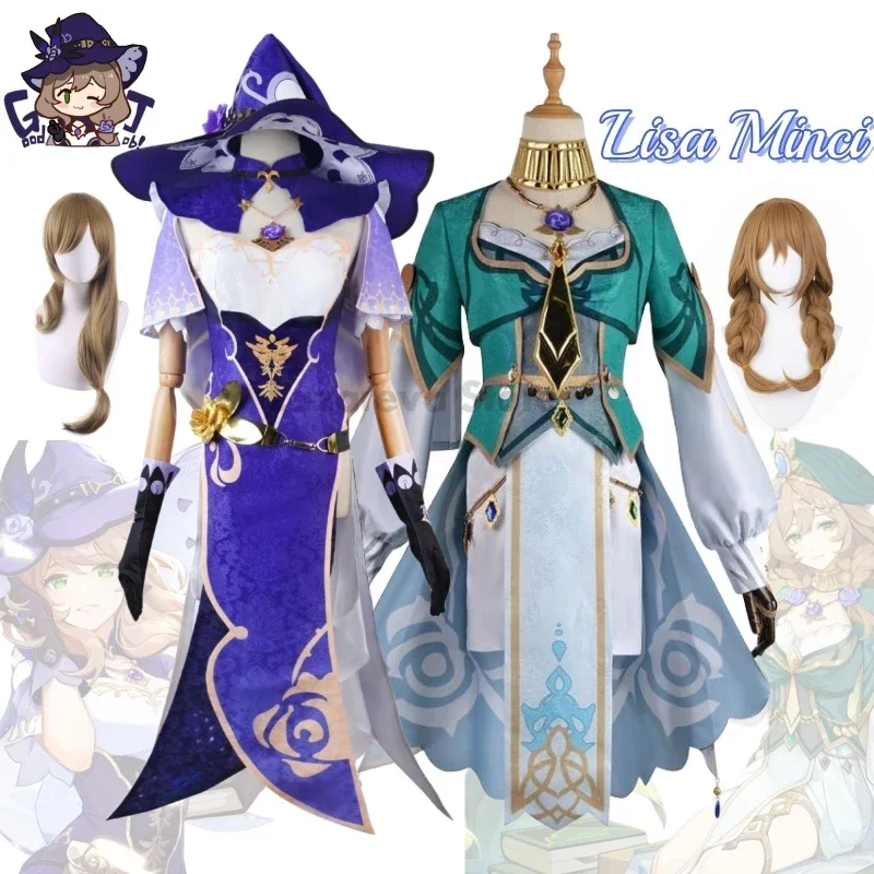 Lisa Minci Anime Game Genshin Impact Cosplay Costume Clothes Uniform Wig Cosplay Librarian Mondstadt Knights of Favonius New Set