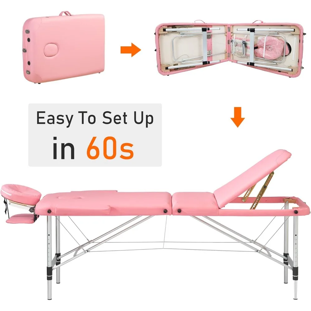 Mesa de massagem PrimeZone-Alumínio, portátil Lash Bed, Maleta, Cápsula cama, rosa, 3 Folding