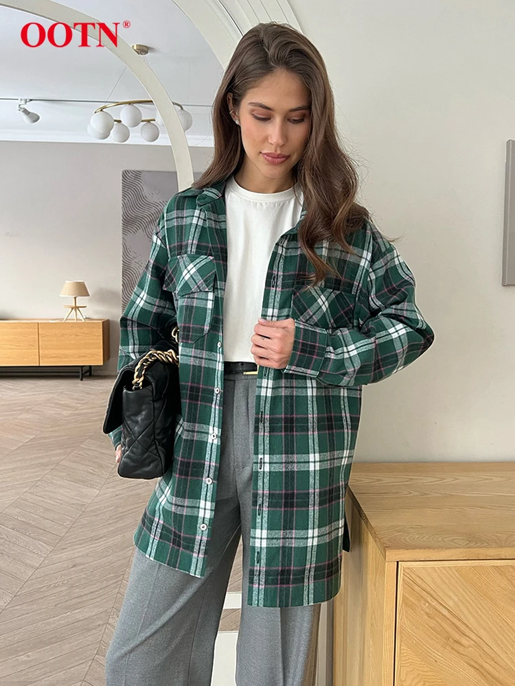 OOTN Elegant Plaid Green Shirts Blouses Women Fashion Long Sleeve Pockets Loose Shirts Coats Streetwear Long Sleeve Shirts 2024