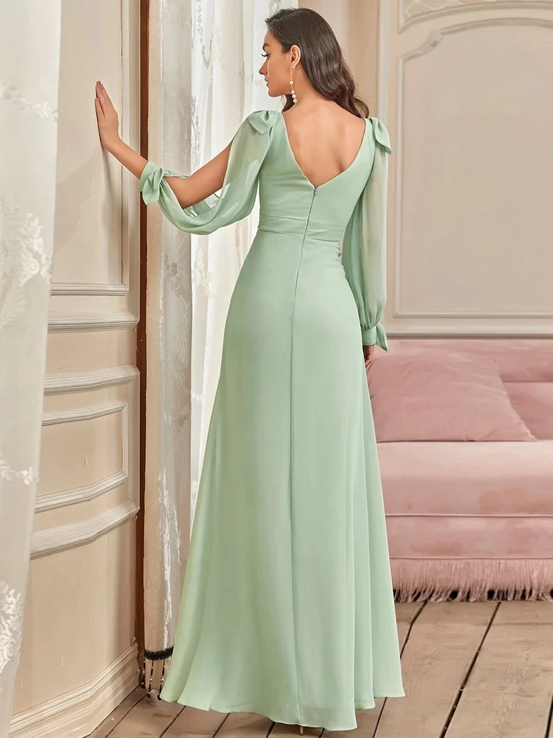 Elegant Evening Dress Long A-LINE V-Neck Full Sleeves Floor-Length Mint Green Gown 2025 ever pretty of Chiffon Bridesmaid Dress