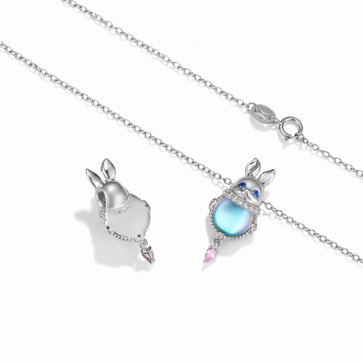 925 Sterling Silver Moonlight Stone Rabbit Pink Zircon Necklace Enamel Cute Animal Charm Chain Link for Women Gift 45CM chain