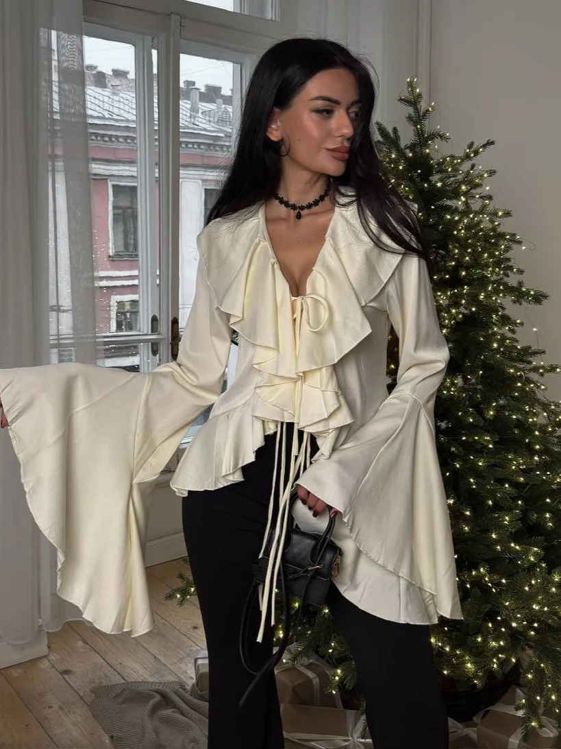 

Women's Ruffled Decorative Shirt Sexy Deep V-neck Trumpet Sleeve Tie-up Top Fashion Asymmetrical Hem Satin Shirt Elegant Blouse