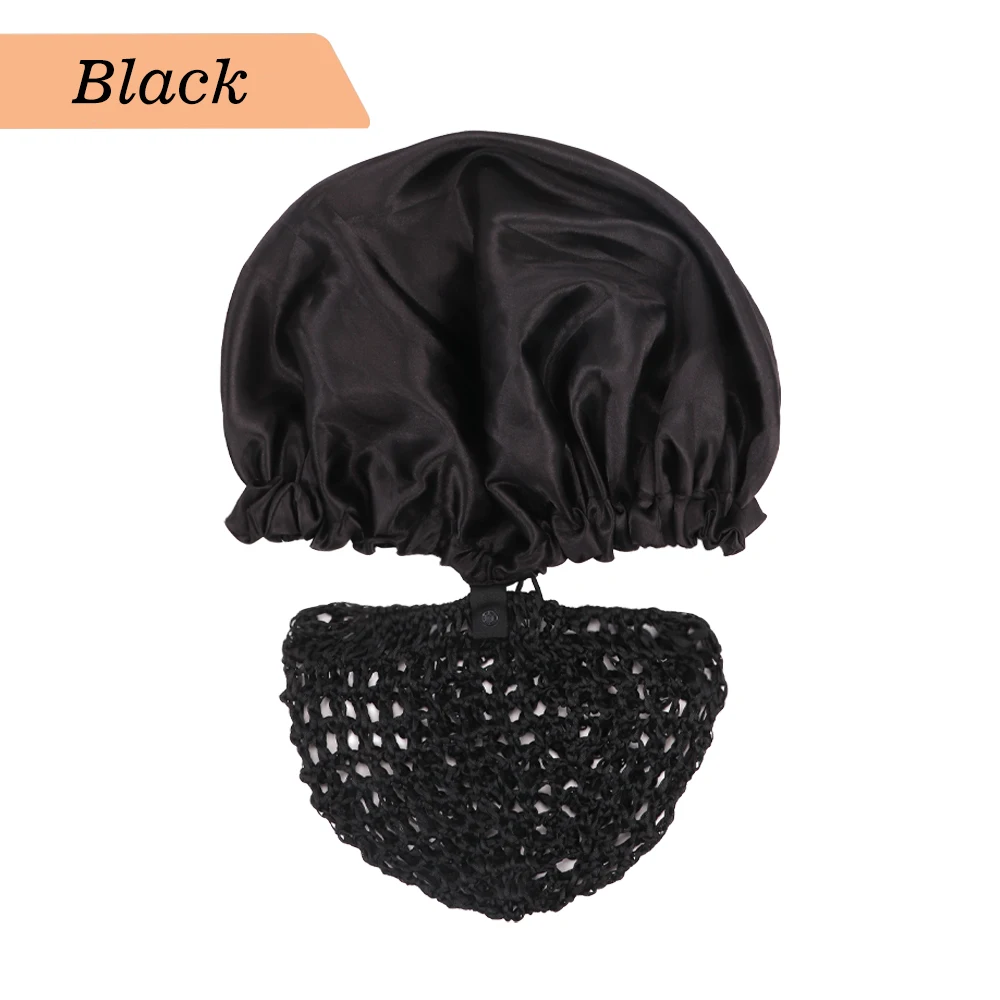 Adjustable Doulbe Layer Satin Bonnet With Mesh Cap 2 In 1 Wrap Cap Bonnet Black Hair Wrap Cap&Net Detachable Sleeping Bonnet