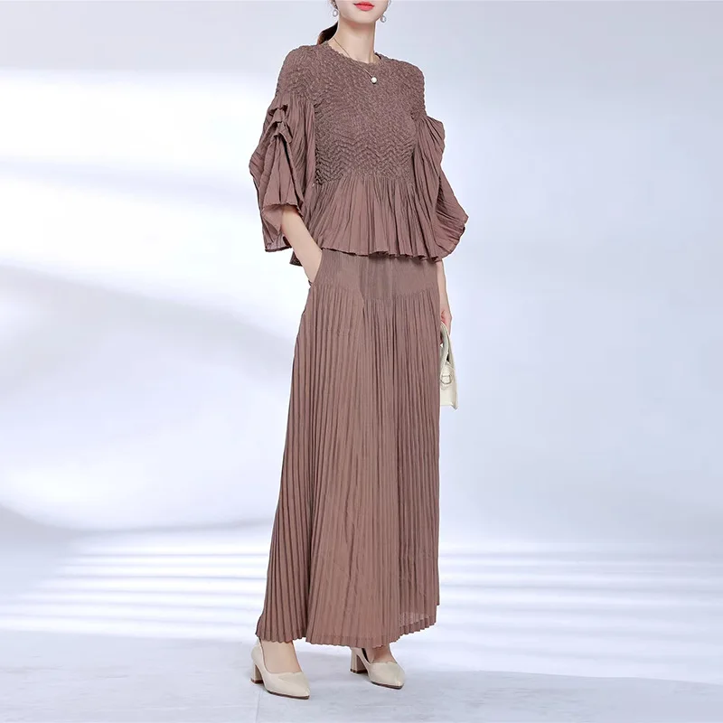 Miyake Pleated Lazy Wind Drooping Loose Wide-leg Pants Two-Piece Sets Round Neck Cropped Sleeve Top Suit 2023 Autumn New Style